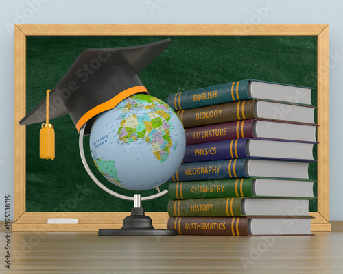 Pile books and globe with g...