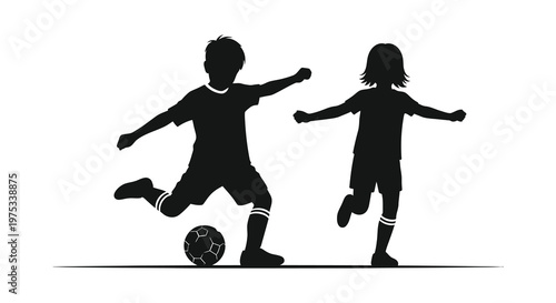 Two children playfully kicking a soccer ball showcasing dynamic movement and youthful energy presented as a silhouette high quality professional detailed