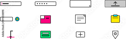 Hand-drawn collection of neo-brutalist user interface form inputs and document icons for digital product illustration