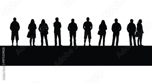 A row of ten people standing against a white background presented as a stark black silhouette high quality professional detailed modern