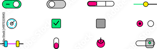 Hand-drawn neo-brutalist UI kit featuring colorful toggles sliders and minimalist web interface design elements illustration