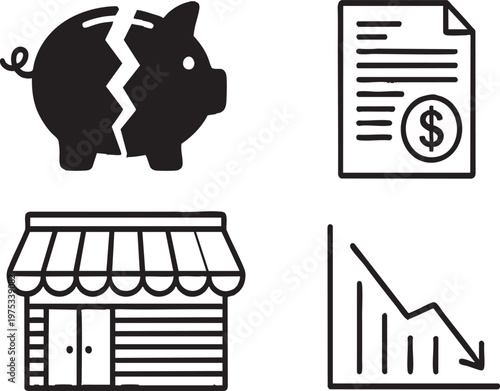 Financial Crisis and Bankruptcy Icon Set, Business Failure on Transparent Background