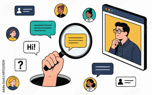 Flat Vector Illustration of Digital Communication, Networking, and User Search