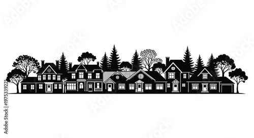 A black and white cityscape illustration depicts quaint houses and trees in a striking silhouette high quality professional detailed modern elegant
