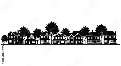 A row of charming detailed houses and trees depicted in a striking black silhouette high quality professional modern elegant stylish clean