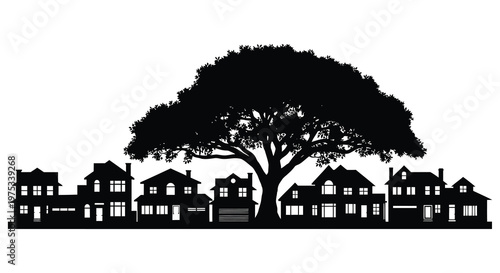 A striking black silhouette depicts a quaint townscape with houses and a large flourishing tree silhouette high quality professional detailed modern