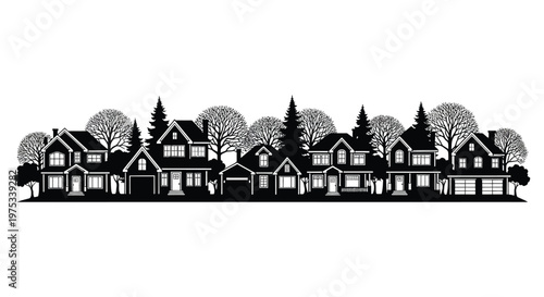 A detailed black and white illustration depicts a row of houses and trees in a striking silhouette high quality professional modern