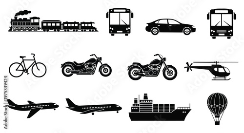 A collection of various transportation modes including trains cars motorcycles and aircraft rendered as a silhouette high quality professional detailed modern