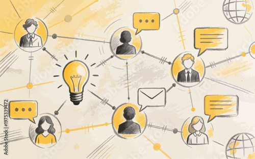 Global Communication Network Sketch with Interconnected People and Creative Ideas