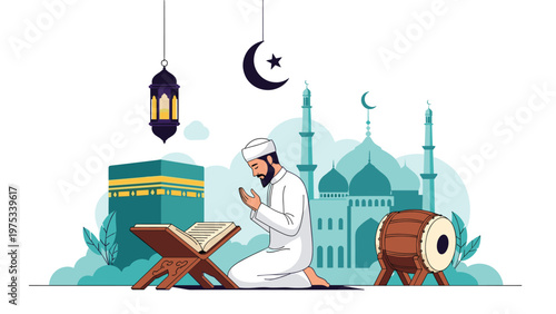 Muslim man kneeling and praying in front of a mosque with a holy Quran on a stand and the Kaaba in the background.