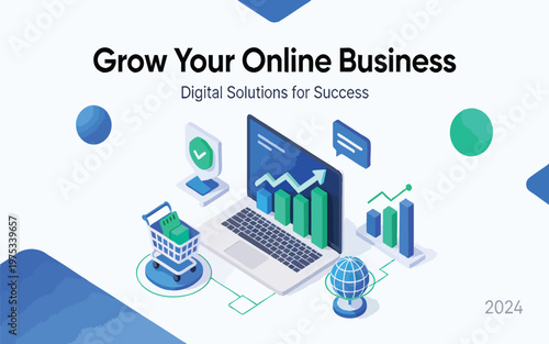 Grow Your Online Business: 3D Isometric Digital Solutions and E-commerce Success Banner