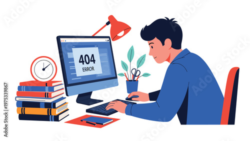 Professional man sitting at a desk looking at a computer monitor displaying a 404 error page not found website message while working.