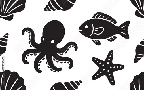Hand Drawn Sea Animals and Shells Doodle Set Isolated on Transparent Background