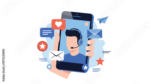 Hand holding a smartphone displaying a male customer support representative with a headset surrounded by social icons.