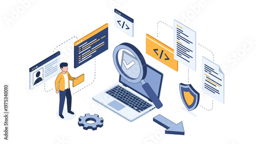 Professional man using a large magnifying glass to inspect computer code on a laptop screen near security icons.