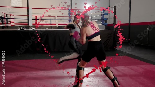 Two fighters stepping in, martial arts sparring, red heart particles arcing into heart around pair