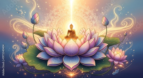 Golden Meditating Buddha Silhouette on Large Purple Lotus in Cosmic Garden