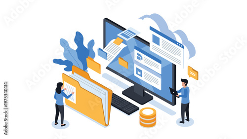 Two professional people organizing various digital files and analyzing data charts on a large computer monitor screen.