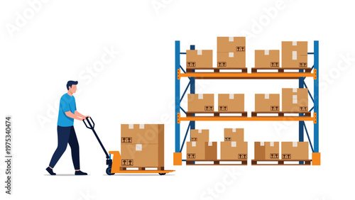 Warehouse worker pulling a manual pallet jack with cardboard boxes near large storage shelves filled with goods.