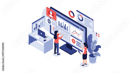 Two professional people interacting with and analyzing various business data charts on a large computer dashboard screen.