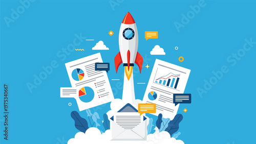 Business startup rocket launches with momentum carrying financial reports data charts and important email communication into the sky.