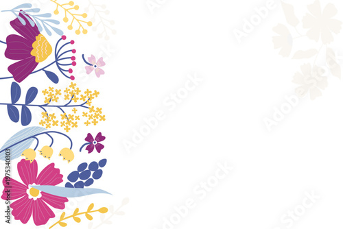 Wildflower side border illustration with left aligned floral elements, colorful botanical decoration for web banner, presentation slide, and vertical greeting card background