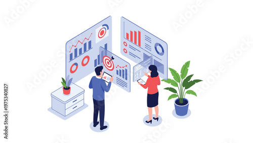 Data analysts monitor multiple performance dashboards with targets and charts to optimize business strategy in a modern digital office.