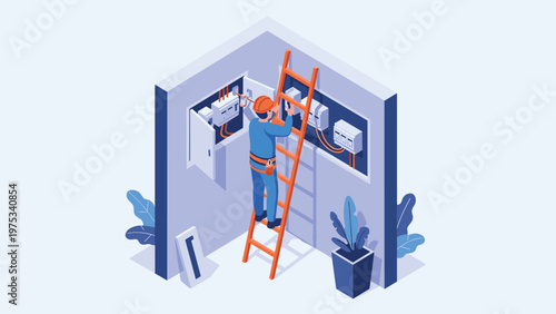 Skilled electrician works on a commercial electrical distribution panel while standing safely on a ladder in an industrial environment.