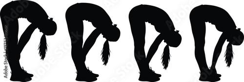 Back pain woman silhouettes collection, female bending forward holding lower back poses, black human body discomfort figures isolated on white background, health concept