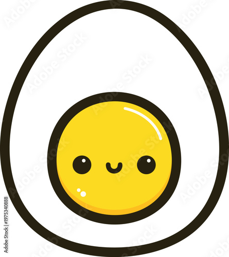 Cute Boiled Egg Kawaii Cartoon Illustration with Smiling Face for Sticker and Kids Design