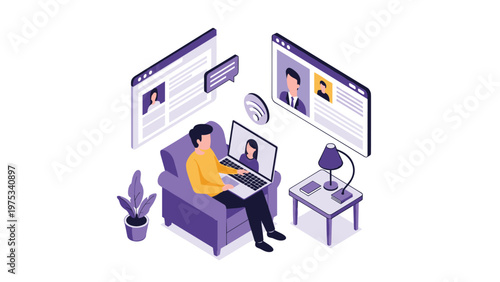 Young man participates in an online video conference from home using a laptop to communicate with colleagues on multiple digital screens.