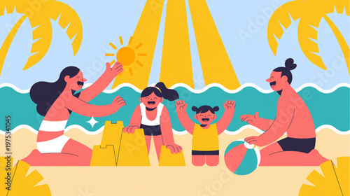 Beach, Family, Summer Fun, Vector Illustration, Kids Playing, Beach Ball, Tropical Vacation