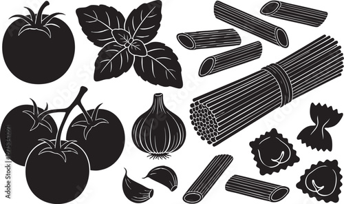 Italian pasta ingredients silhouette, tomato basil garlic, on transparent background