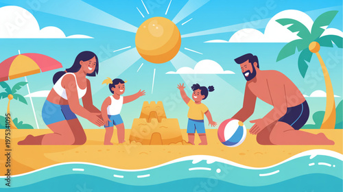 Beach, family, summer, vacation, vector, illustration, kids, parents, sandcastle, beach ball