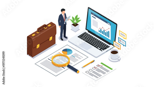 Businessman reviews financial documents with a magnifying glass and laptop near a briefcase to ensure accuracy in corporate reporting.