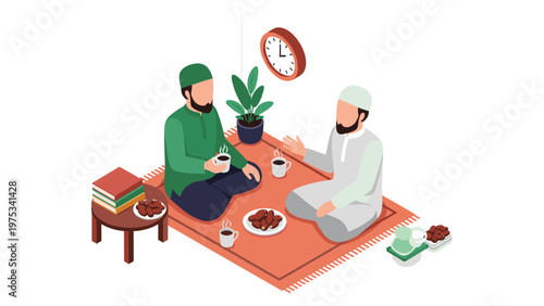 Two Muslim men sit on a rug in a traditional setting to share coffee and dates while engaging in a friendly social conversation.