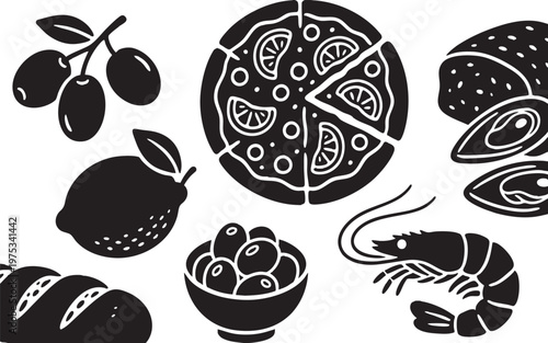 Mediterranean Food Doodle Black Silhouettes Set Isolated on Transparent Background