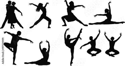 Dance silhouettes collection, ballet and contemporary dancers poses, artistic movement figures, black human performance shapes isolated on white background, art expression concept