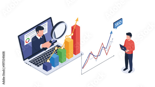Marketing professional analyzing search engine optimization data and website performance using a laptop and a magnifying glass.