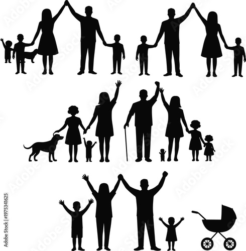 Large collection of black silhouettes showing diverse family groups including parents children elderly people and pet dogs for happy life and extended community design projects.