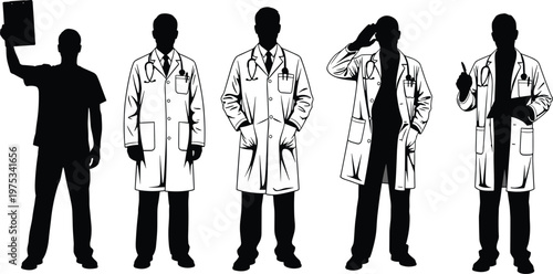 Doctor and medical professional silhouette collection, healthcare workers in lab coats, hospital staff illustration set, medicine concept design, clinical clipart bundle
