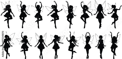 Fairy silhouette collection with wings, magical female characters in various poses, fantasy illustration set, whimsical design elements, enchanted theme clipart bundle
