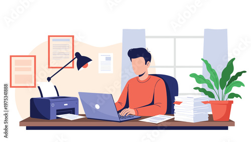 Focused freelance professional working from home at a clean desk with a laptop, printer, and stacks of organized documents.