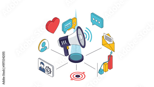 Digital advertising and communication concept with a megaphone emitting signals among various social media and data icons.