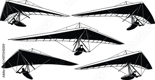 Hang glider silhouette collection with pilot in flight, extreme sport aviation illustration set, air adventure design elements, sky gliding clipart bundle