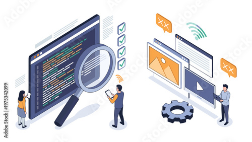 Software development and quality assurance concept with developers using a magnifying glass to inspect digital code files.