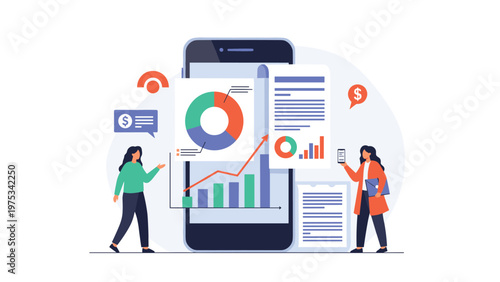 Mobile business analytics concept with professionals standing next to a large smartphone displaying various growth reports.