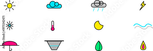 Hand-drawn neo-brutalist halftone icons for weather and environmental forecasting widgets set on white background illustration