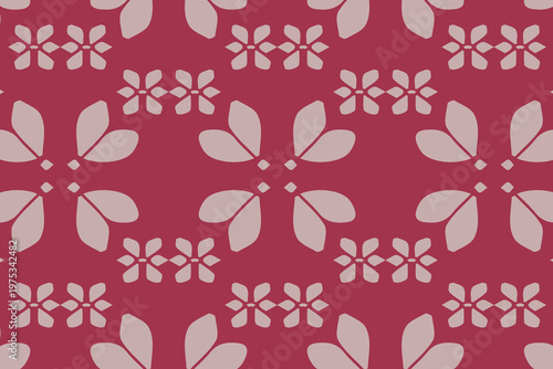Muted red symmetrical petal medallion seamless pattern with soft geometric floral crests in a structured tile layout