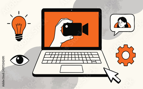 Minimalist Vector Illustration of Laptop with Video Camera and Creative Icons